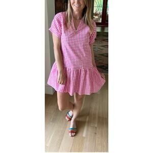 Brooke Wright lucy tiny pink check mini Dress Short Sleeve cotton linen ruffle L